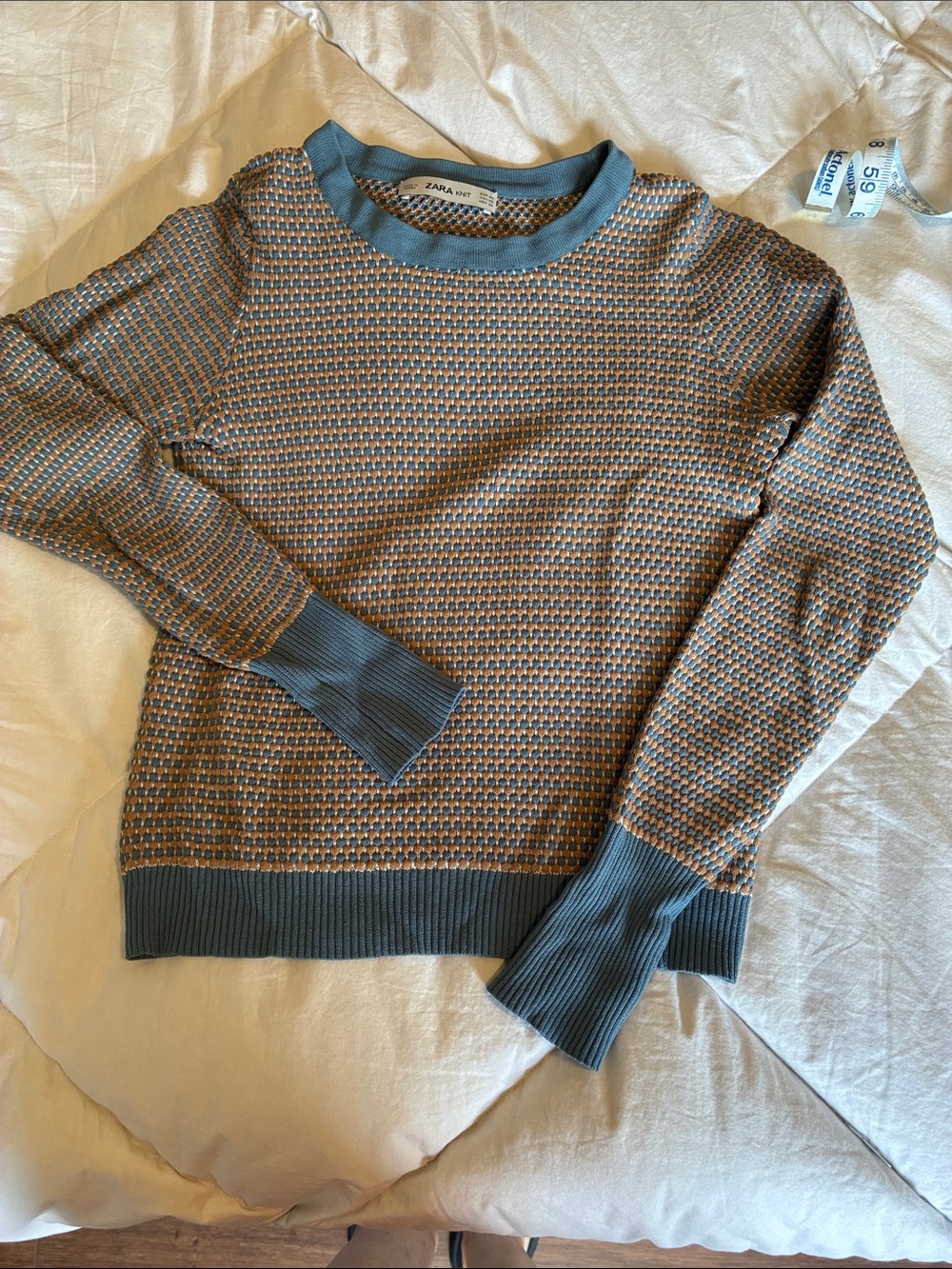 Zara Blue and Brown Textured Crewneck Sweater